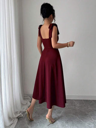 Burgundy Elegant Sleeveless Cami Dress – High Waist Flared Knee-Length AYNEX WEAR