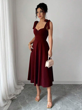Burgundy Elegant Sleeveless Cami Dress – High Waist Flared Knee-Length AYNEX WEAR