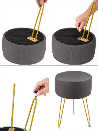 AYNEX Round Vanity Stool | Grey Flannel Seat & Gold Metal Legs | Dressing Table Footstool | High-Density Sponge | 30x30x43cm | Bedroom & Living Room Accent Stool
