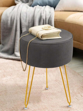 AYNEX Round Vanity Stool | Grey Flannel Seat & Gold Metal Legs | Dressing Table Footstool | High-Density Sponge | 30x30x43cm | Bedroom & Living Room Accent Stool
