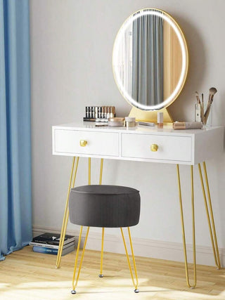 AYNEX Round Vanity Stool | Grey Flannel Seat & Gold Metal Legs | Dressing Table Footstool | High-Density Sponge | 30x30x43cm | Bedroom & Living Room Accent Stool