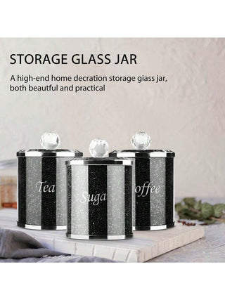 AYNEX 3PCS Diamante Glass Tea Coffee Sugar Jars Crushed Diamond Crystal Canisters Airtight Lid Kitchen Storage Luxury Gift Set