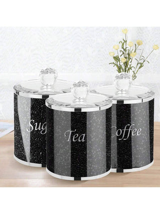 AYNEX 3PCS Diamante Glass Tea Coffee Sugar Jars Crushed Diamond Crystal Canisters Airtight Lid Kitchen Storage Luxury Gift Set