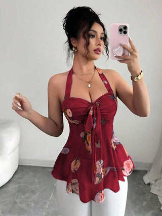 Elenzga Women's Summer Spaghetti Strap Elastic Backless Printed Top, Relaxed & Sexy