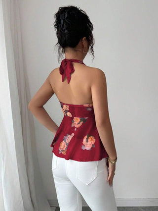 Elenzga Women's Summer Spaghetti Strap Elastic Backless Printed Top, Relaxed & Sexy