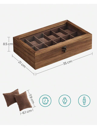 AYNEX 12 Slot Solid Wood Watch Box Organiser Glass Lid Rustic Walnut Watch Case Display Box Removable Pillows Velvet Interior Gift Idea