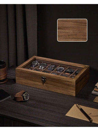 AYNEX 12 Slot Solid Wood Watch Box Organiser Glass Lid Rustic Walnut Watch Case Display Box Removable Pillows Velvet Interior Gift Idea
