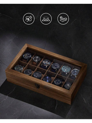 AYNEX 12 Slot Solid Wood Watch Box Organiser Glass Lid Rustic Walnut Watch Case Display Box Removable Pillows Velvet Interior Gift Idea