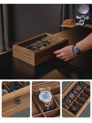 AYNEX 12 Slot Solid Wood Watch Box Organiser Glass Lid Rustic Walnut Watch Case Display Box Removable Pillows Velvet Interior Gift Idea