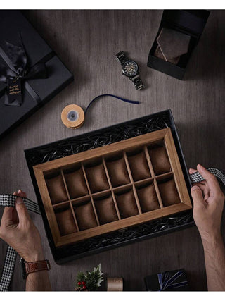 AYNEX 12 Slot Solid Wood Watch Box Organiser Glass Lid Rustic Walnut Watch Case Display Box Removable Pillows Velvet Interior Gift Idea