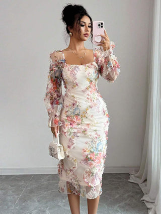 Elenzga Women's Elegant Romantic Mesh Floral Print Ruffle Collar Cinched Waist Long Sleeve Midi Dress, Suitable For Weddings, Parties, Dates, Casual Outings And More