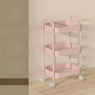 AYNEX 3-Tier Rolling Metal Storage Organiser Mobile Utility Cart Kitchen Trolley Caster Wheels Carbon Steel Space Saving Pink