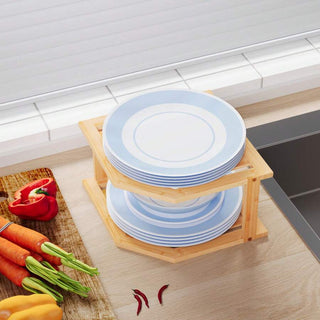 AYNEX Bamboo Corner Shelf Organiser Cabinet Space Saver Kitchen Countertop Plates Bowls Holder Cupboard Storage Rack Natural Wood