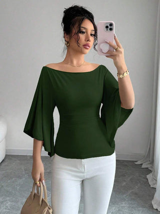 Elenzga Elegant Off Shoulder Bell Sleeve Solid Color T-Shirt For Women