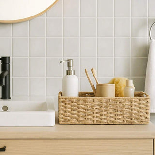 AYNEX Woven Seagrass Storage Baskets with Fabric Lining | Set of 2 | Bathroom, Bedroom & Kitchen Organiser | Square Shelf Baskets | Brown | 37x16x11cm