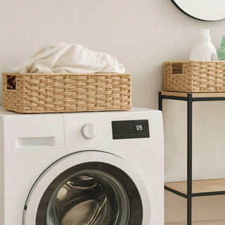 AYNEX Woven Seagrass Storage Baskets with Fabric Lining | Set of 2 | Bathroom, Bedroom & Kitchen Organiser | Square Shelf Baskets | Brown | 37x16x11cm