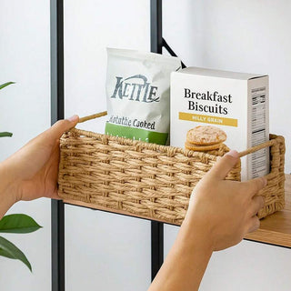 AYNEX Woven Seagrass Storage Baskets with Fabric Lining | Set of 2 | Bathroom, Bedroom & Kitchen Organiser | Square Shelf Baskets | Brown | 37x16x11cm