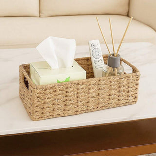 AYNEX Woven Seagrass Storage Baskets with Fabric Lining | Set of 2 | Bathroom, Bedroom & Kitchen Organiser | Square Shelf Baskets | Brown | 37x16x11cm