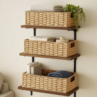 AYNEX Woven Seagrass Storage Baskets with Fabric Lining | Set of 2 | Bathroom, Bedroom & Kitchen Organiser | Square Shelf Baskets | Brown | 37x16x11cm