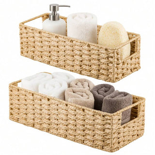 AYNEX Woven Seagrass Storage Baskets with Fabric Lining | Set of 2 | Bathroom, Bedroom & Kitchen Organiser | Square Shelf Baskets | Brown | 37x16x11cm