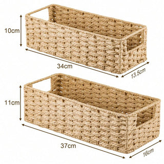 AYNEX Woven Seagrass Storage Baskets with Fabric Lining | Set of 2 | Bathroom, Bedroom & Kitchen Organiser | Square Shelf Baskets | Brown | 37x16x11cm