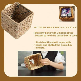 AYNEX Square Rattan Wicker Tissue Box Holder Boho Decorative Woven Facial Tissue Cube Cover Table Bathroom Living Room Natural Wood Colour