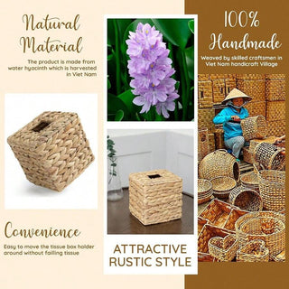 AYNEX Square Rattan Wicker Tissue Box Holder Boho Decorative Woven Facial Tissue Cube Cover Table Bathroom Living Room Natural Wood Colour