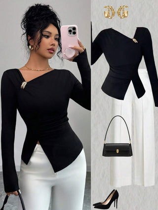 Elenzga Women's Solid Color Asymmetric Neckline Long Sleeve Split Hem T-Shirt