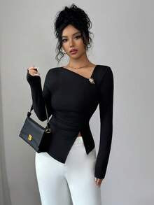 Elenzga Women's Solid Color Asymmetric Neckline Long Sleeve Split Hem T-Shirt