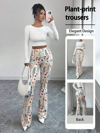 Elenzga Women's High Waist Floral & Plant Print Slim Fit Pants, Suitable For Halloween Costume, Home & Outdoor Wear, Autumn/Winter, New Year, Thanksgiving, Christmas