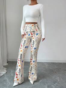 Elenzga Women's High Waist Floral & Plant Print Slim Fit Pants, Suitable For Halloween Costume, Home & Outdoor Wear, Autumn/Winter, New Year, Thanksgiving, Christmas