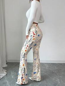 Elenzga Women's High Waist Floral & Plant Print Slim Fit Pants, Suitable For Halloween Costume, Home & Outdoor Wear, Autumn/Winter, New Year, Thanksgiving, Christmas