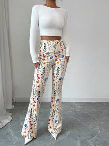 Elenzga Women's High Waist Floral & Plant Print Slim Fit Pants, Suitable For Halloween Costume, Home & Outdoor Wear, Autumn/Winter, New Year, Thanksgiving, Christmas