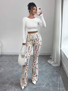 Elenzga Women's High Waist Floral & Plant Print Slim Fit Pants, Suitable For Halloween Costume, Home & Outdoor Wear, Autumn/Winter, New Year, Thanksgiving, Christmas