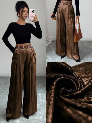 Elenzga Women's Solid Color Pleated Wide Leg Loose Elegant Pants