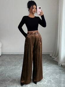 Elenzga Women's Solid Color Pleated Wide Leg Loose Elegant Pants