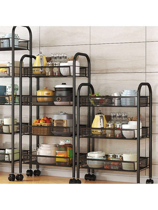 AYNEX Large 4-Layer Rolling Storage Cart Extra Wide Shelves Kitchen Pantry Organiser Movable Snack Vegetable Basket Trolley  Metal Black