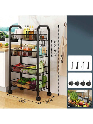 AYNEX Large 4-Layer Rolling Storage Cart Extra Wide Shelves Kitchen Pantry Organiser Movable Snack Vegetable Basket Trolley  Metal Black
