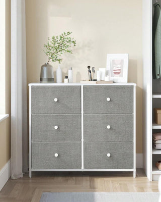 AYNEX 6 Drawer Fabric Chest of Drawers Metal Frame Storage Organiser Dresser Unit 30x80x71cm Nursery Bedroom Hallway Light Grey