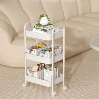 AYNEX 3-Tier Rolling Metal Storage Organiser Mobile Utility Cart Kitchen Trolley Caster Wheels Carbon Steel Space Saving White