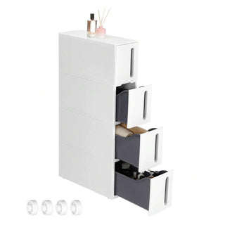 AYNEX 4 Tier Narrow Storage Tower on Wheels 28L Plastic Shelf Unit Space Saving Kitchen Bathroom Bedroom Column Trolley 45x17x84cm White