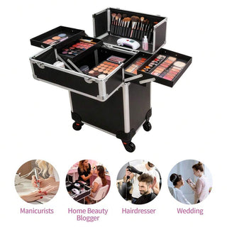 AYNEX Black Aluminium Travel Makeup Organiser Cart Rolling Cart Removable Beauty Box Smooth Wheels Customisable Compartments