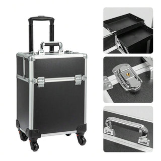 AYNEX Black Aluminium Travel Makeup Organiser Cart Rolling Cart Removable Beauty Box Smooth Wheels Customisable Compartments
