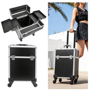 AYNEX Black Aluminium Travel Makeup Organiser Cart Rolling Cart Removable Beauty Box Smooth Wheels Customisable Compartments