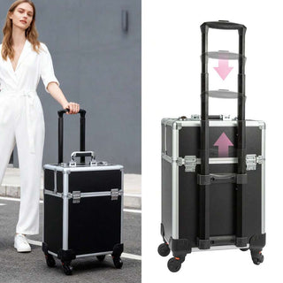AYNEX Black Aluminium Travel Makeup Organiser Cart Rolling Cart Removable Beauty Box Smooth Wheels Customisable Compartments