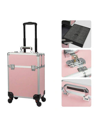 AYNEX Pink Aluminium Travel Makeup Organiser Rolling Cart Removable Beauty Box Brush Holder Smooth Wheels Customisable Compartments