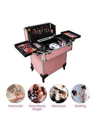 AYNEX Pink Aluminium Travel Makeup Organiser Rolling Cart Removable Beauty Box Brush Holder Smooth Wheels Customisable Compartments
