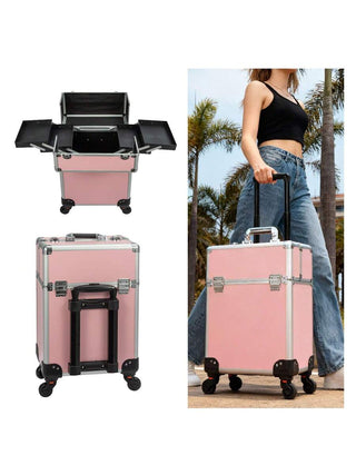 AYNEX Pink Aluminium Travel Makeup Organiser Rolling Cart Removable Beauty Box Brush Holder Smooth Wheels Customisable Compartments