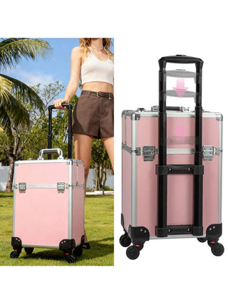 AYNEX Pink Aluminium Travel Makeup Organiser Rolling Cart Removable Beauty Box Brush Holder Smooth Wheels Customisable Compartments