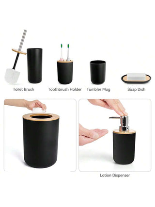 AYNEX 6-Piece Modern Bathroom Accessories Set | Soap Dispenser, Soap Dish, Toothbrush Cup, Toilet Brush & Holder, Bin | Black | PP Material | Bathroom Organiser Set